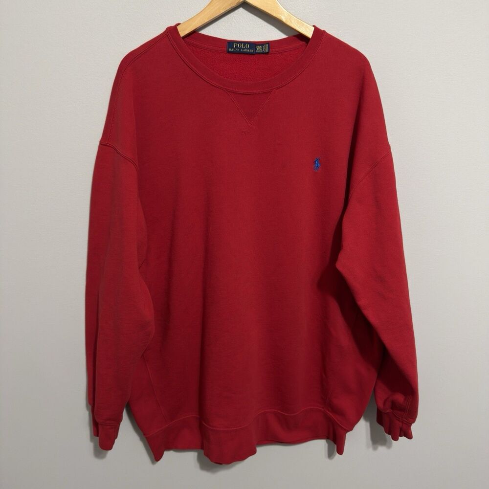 Polo Ralph Lauren Sweatshirt Mens 2XLT Red Fleece Lined Logo Crew Neck Pullover